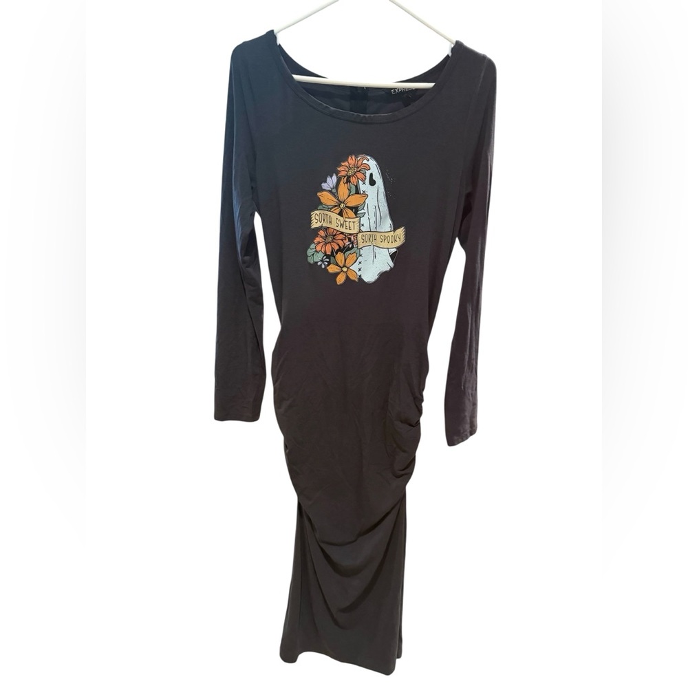☮️ Upcycled Long Sleeve Maxi Dress Graphic Ghost Floral Halloween Goth